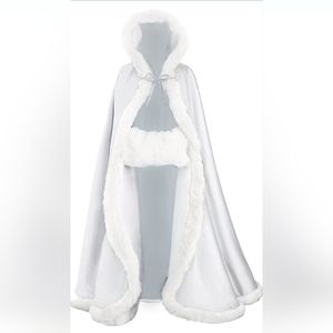 Wedding Cape Hooded Cloak for Bride Winter Reversible w/Fur Trim Free Hand Muff